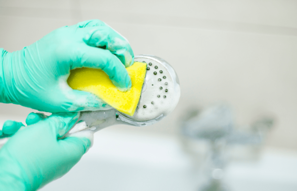 Rubber-gloved hands cleaning limescale off a showerhead with a sponge.