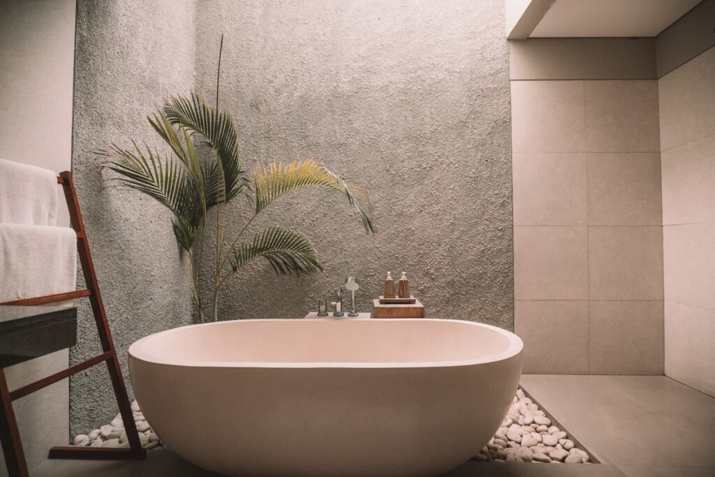 Home spa bathroom with a large soaker tub.